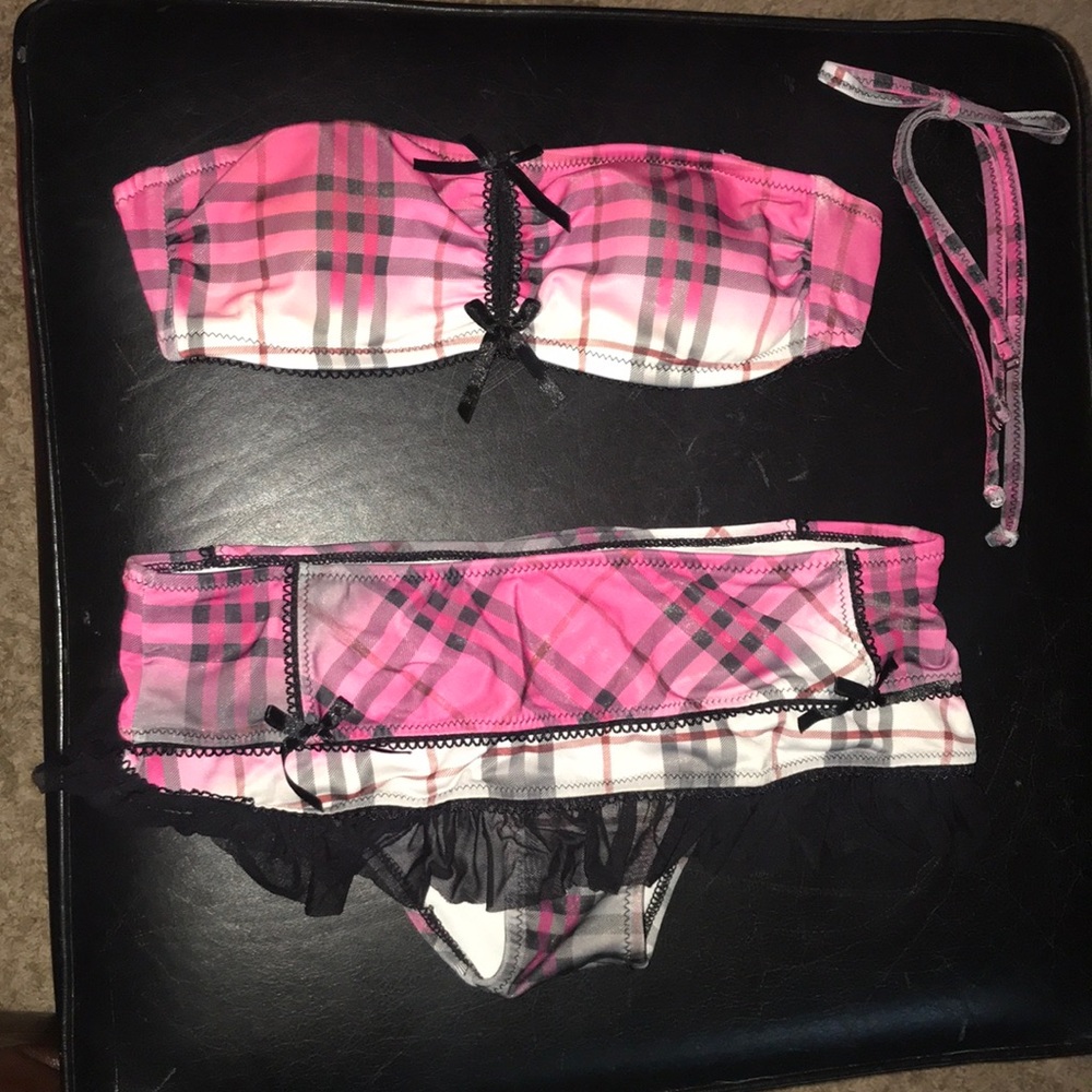 Pink plaid mini skirt bikini